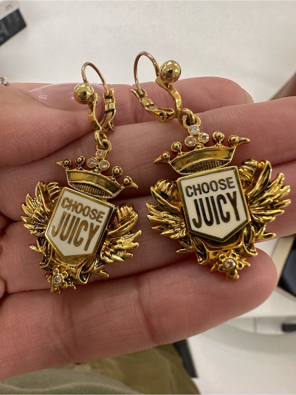 Juicy Couture Gold and White 'Choose Juicy' Crest Drop Earrings